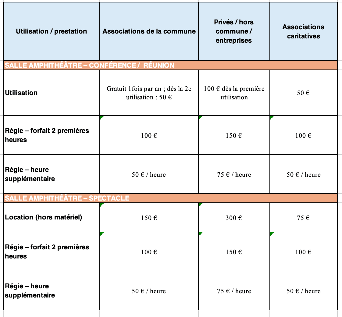 tarif salle amphi 2026